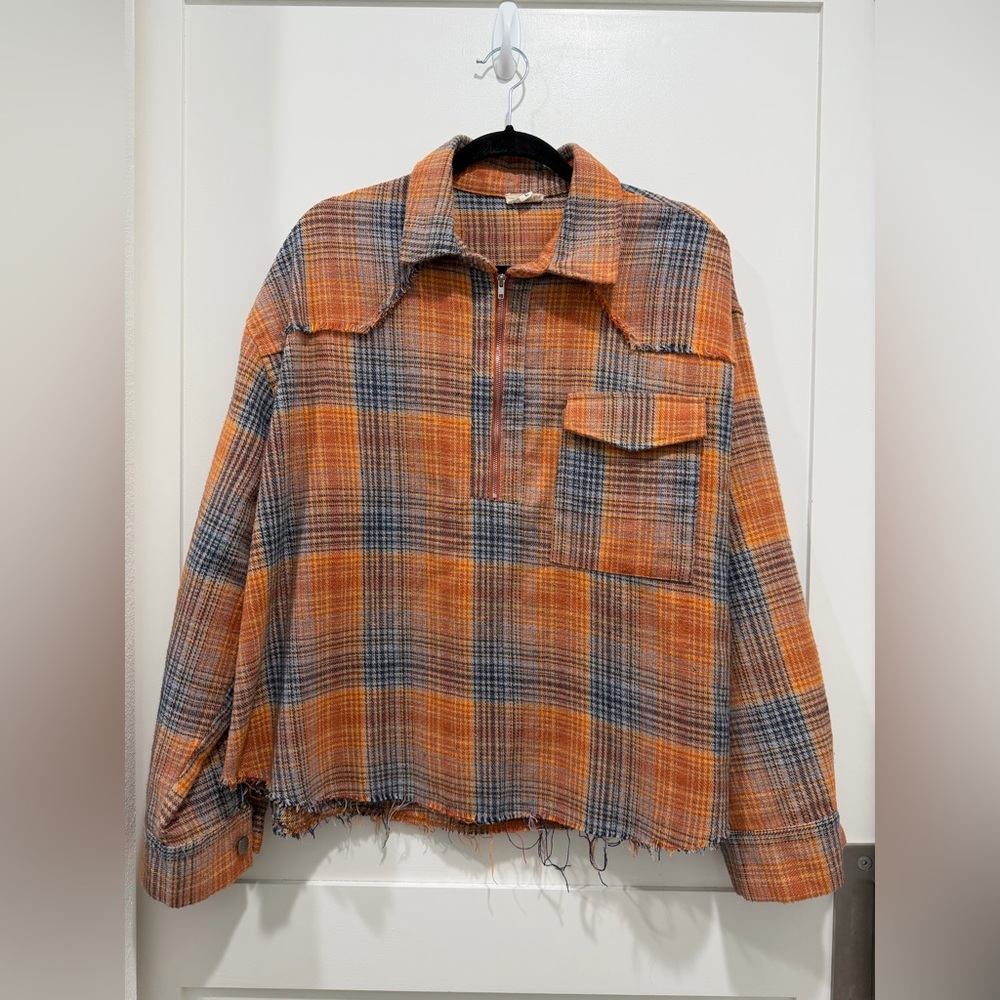 POL Plaid Patchwork Quarter Zip Pullover Orange Blue L